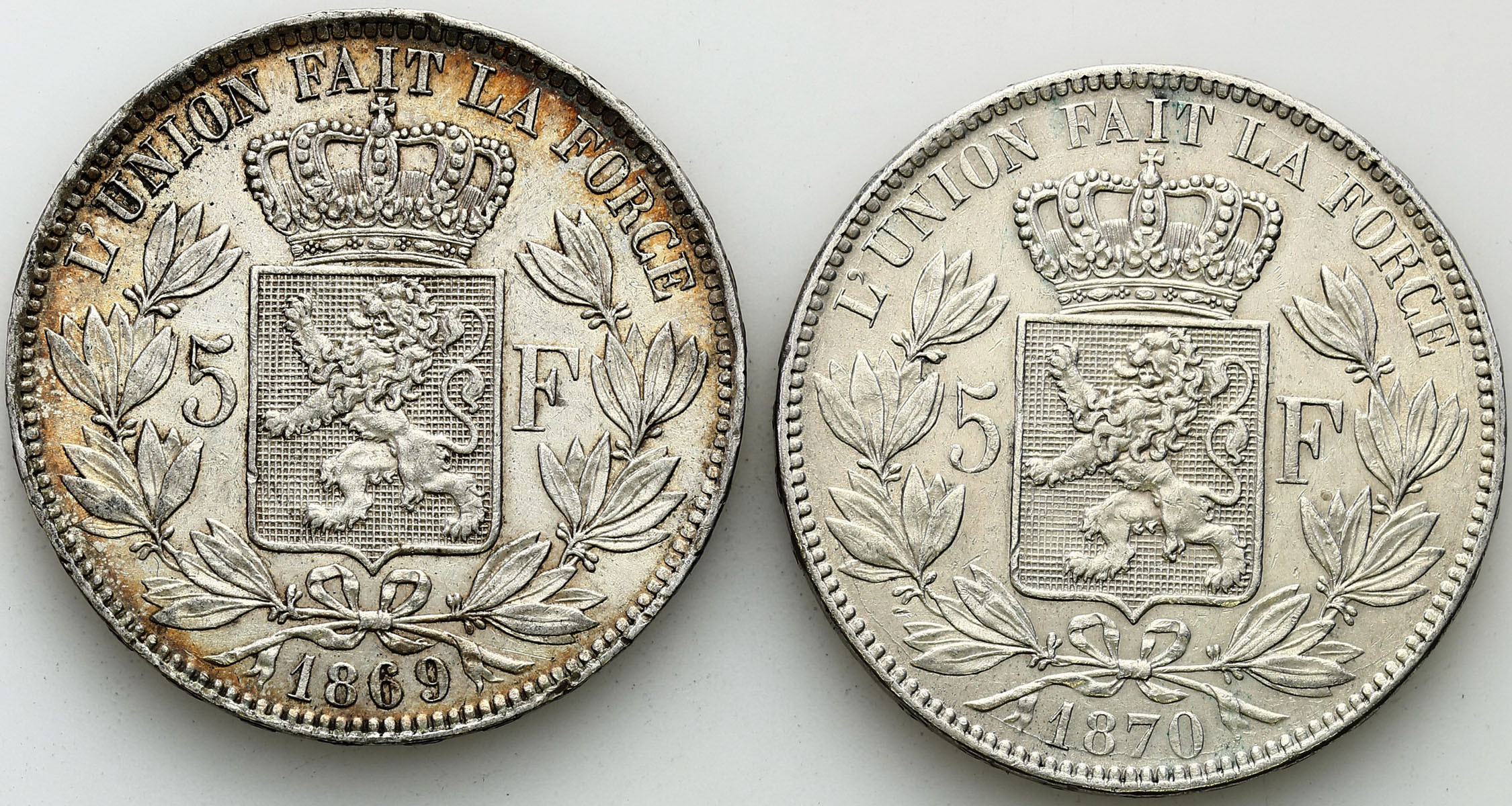 Belgia 5 franków 1869 i 1870 Leopold II – zestaw 2 sztuk